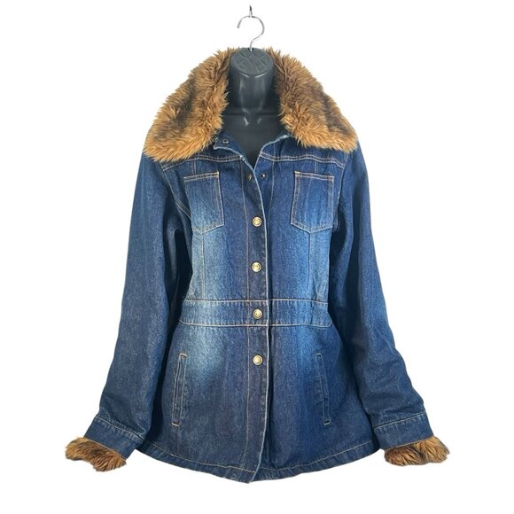 vintage y2k faux fur trim insulated‎ mid lengt denim coat jacket sz L - Picture 2 of 8